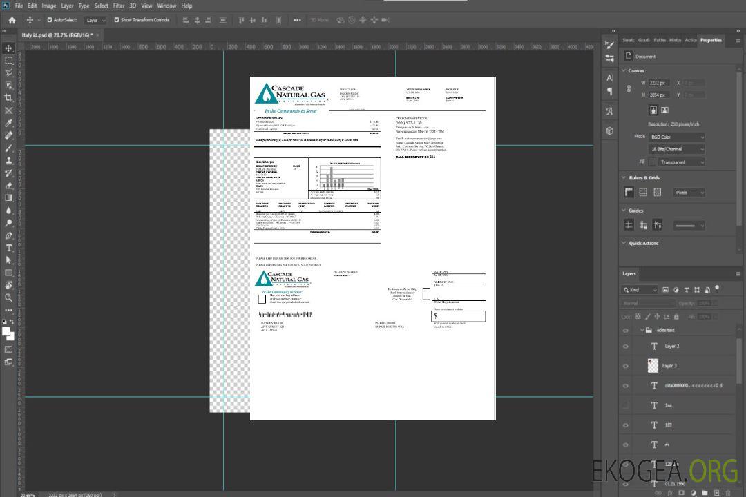 Facture de services publics de l'entreprise USA Cascade Natural Gas, modèle Word et PDF template